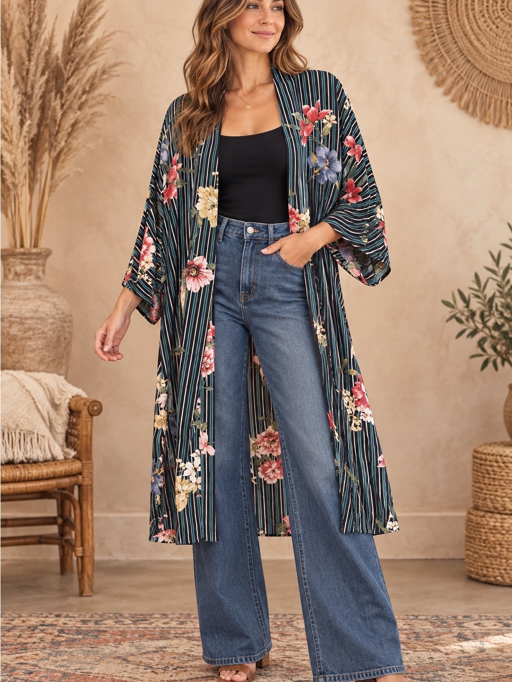 NWT Umgee Floral Striped Duster Kimono (090689) ☀️ 🌼
